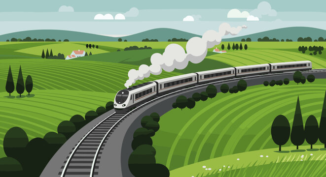 Modern train traveling through scenic green hills with rolling smoke. Vector illustration