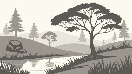Scenic landscape painting of trees and river with misty hills nature background vector illustration