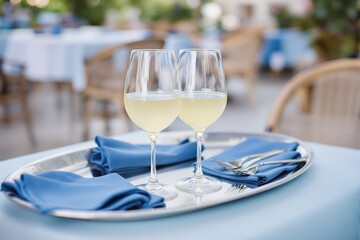 Fototapeta premium Elegant table setting with white wine glasses and blue napkins.