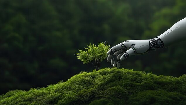 Photo of a robot hand planting trees in the garden, symbolizing environmental protection and AI's role in wildlife conservation. Web banner with copy space on the right.