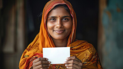 indian rural woman in dark skin tone holding blank card