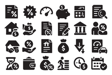 Collection of finance and banking icons representing loans interest rates and financial growth