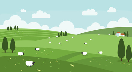 Peaceful sheep grazing in scenic rolling green hills landscape with blue sky. Vector illustration