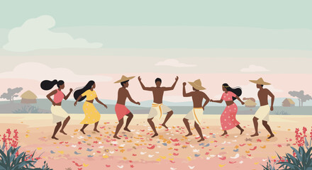 Fototapeta premium Group of people dancing on beach: african adults enjoying festive gathering. Vector illustration