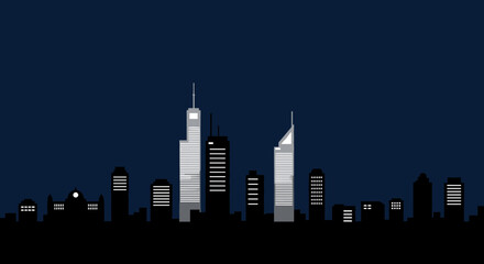 Fototapeta premium Minimalist urban nightscape with modern city skyline silhouette against dark blue sky. Vector illustration