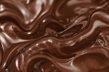 A close up shot of glossy dark chocolate with smooth swirls and ripples in a flowing pattern design