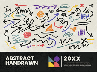 Abstract Hand-Drawn Arrows Background with Colorful Doodle Elements on white cream Grunge Texture