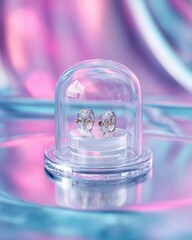 Pair of bold earrings displayed inside a transparent futuristic capsule, surrounded by soft neon reflections, high detail