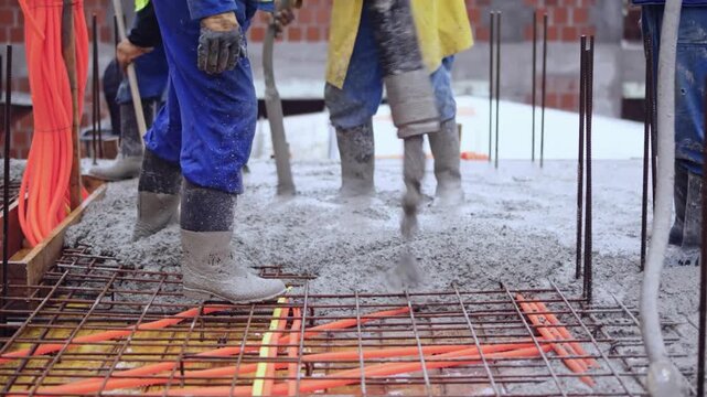 LD Construction worker pouring concrete onto the rebar construction