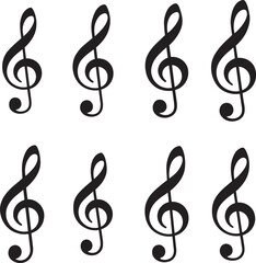 Obraz premium Eight black treble clef symbols arranged in two rows on a white background