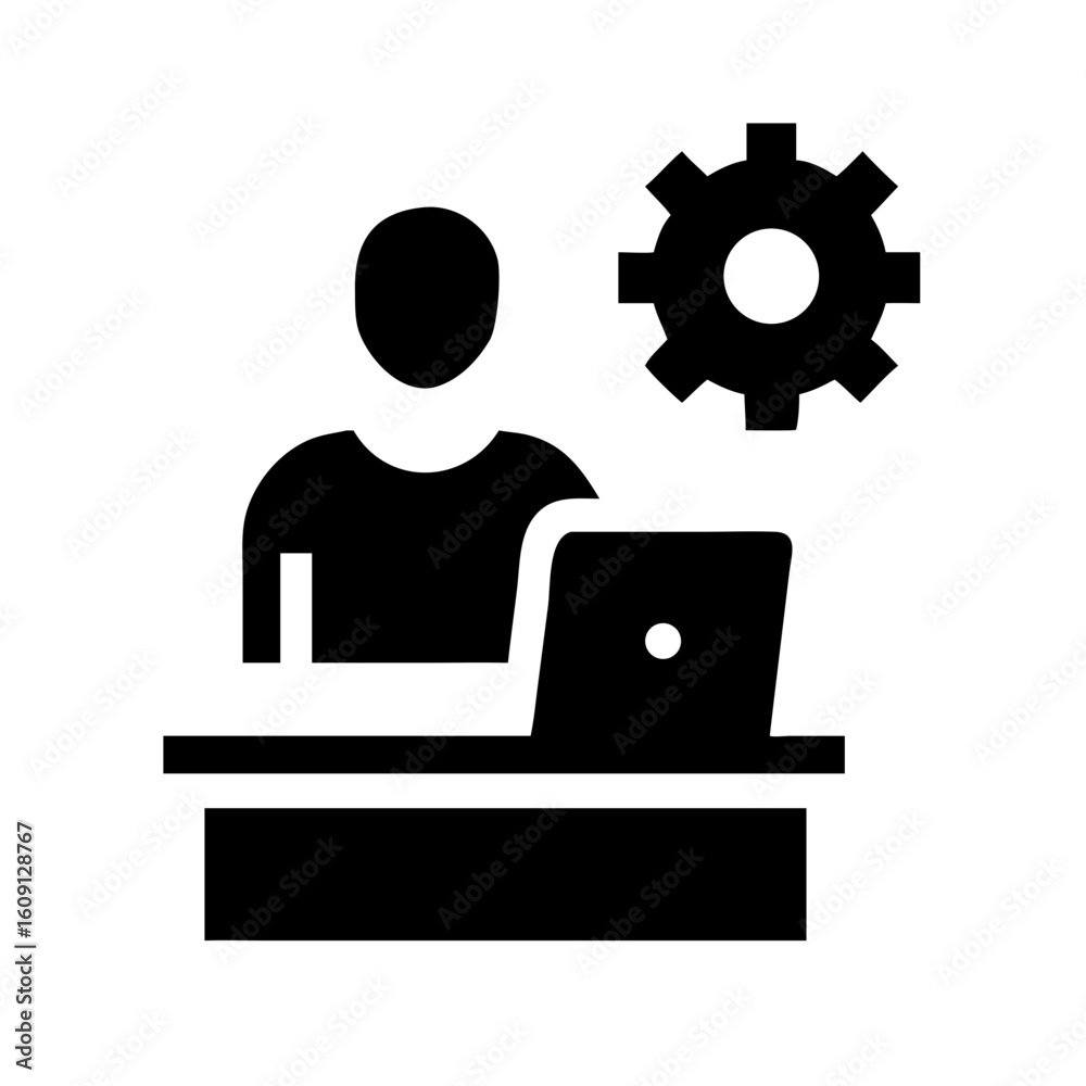 Poster freelancer working on laptop with gear icon for process automation and workflow optimization concept