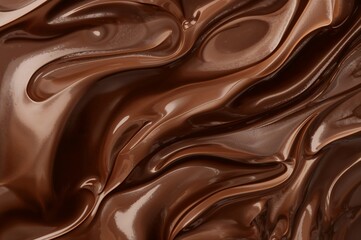 Close up view of flowing and rippling dark chocolate creating a smooth and glossy texture surface