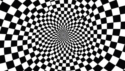 Checkered, swirling, optical illusion.  A black and white pattern of squares that spirals inward, creating a mesmerizing effect