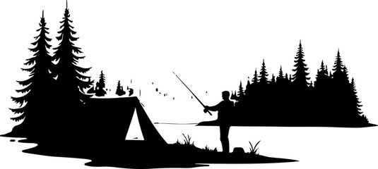 Fototapeta premium Silhouette of Man Fishing by Lake with Tent and Pine Trees