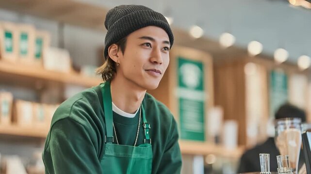 オシャレなカフェでアルバイトする若い男性