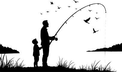 Silhouette of Man Fishing by Lake with Tent and Pine Trees"