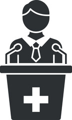 Doctor speaking at podium with medical cross icon