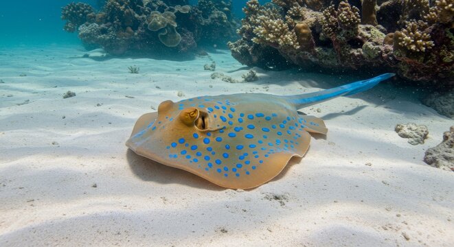 Skate Fish. Blue Spotted Stingray Resting on Sandy Seabed in Clear Waters - Powered by Adobe