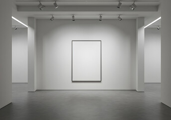 An empty, modern art gallery features a single blank frame illuminated by spotlights on a white wall.
