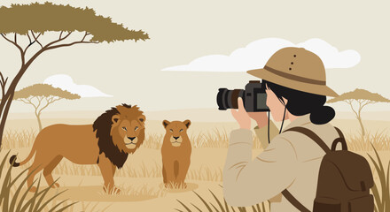 Female photographer captures lions in african savanna landscape scene. Vector illustration