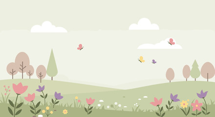 Idyllic pastel landscape with flowers, trees, and butterflies in springtime nature scene. Vector illustration