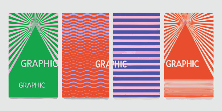 Set of four graphic design posters with abstract patterns and text