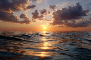 Obraz premium Ocean sunset with golden light reflecting on waves clouds in the sky