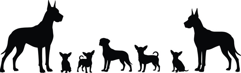 Silhouette of various dog breeds, big and small dogs, canine comparison vector, pet animal size contrast, dog shapes collection, dog breed diversity illustration