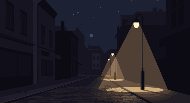 Quiet night street with lamp posts and cobbled road under starry sky. Vector illustration