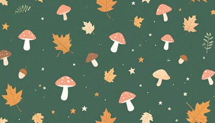 Cute autumn pattern with toadstool mushrooms, acorns, stars and leaves fall seamless background wallpaper