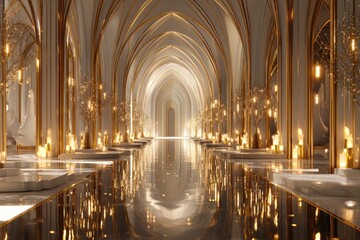 Fototapeta premium Grand, arched hall with golden accents, reflecting pool, and candlelight