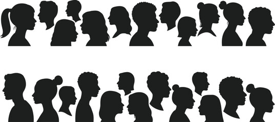 Silhouettes of diverse people in profile, male and female head shapes, human face icons, black profile collection, diversity concept, vector illustration of heads