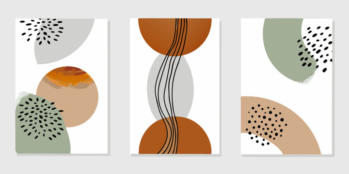 Abstract mid century modern triptych art with organic shapes and dots