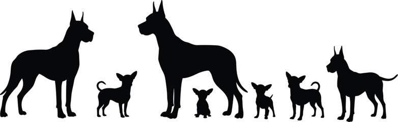 Silhouettes of large and small dogs, big and tiny dog breeds, pet animal comparison, canine size contrast, dog shape vector, dog variety illustration