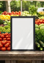 A blank vertical black frame mockup stands on a wooden table at an outdoor farmers' market, surrounded by fresh, colorful produce like tomatoes and lemons.