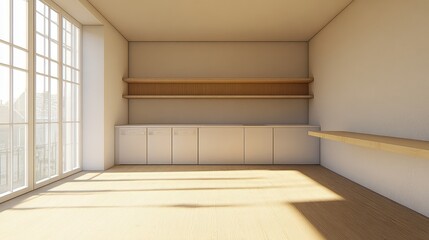 Obraz premium Empty room with modern kitchen cabinetry and wooden shelving.