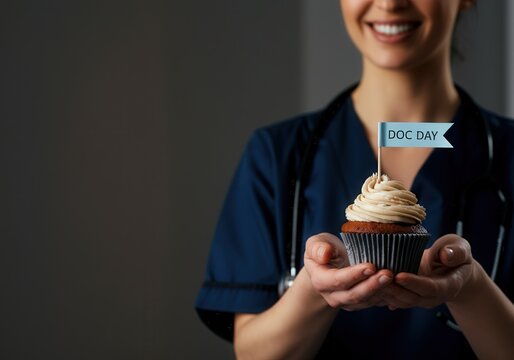 Smiling nurse holding cupcake with "Doc day" flag. Doctor`s Day celebration
