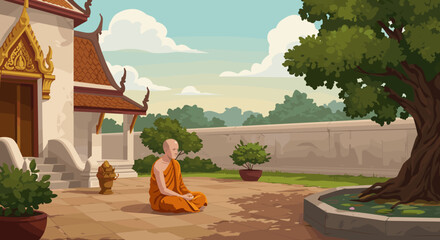 Male buddhist monk meditating outdoors near temple courtyard in peaceful asian religious setting. Vector illustration