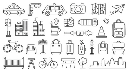 Obraz premium Black and White Line Art Icons City Travel Transportation Bicycle Buildings Backpack Camera Map