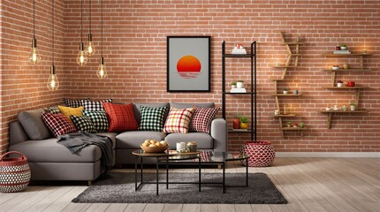 Cozy living room interior with a gray sectional sofa and brick wall.