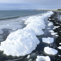 Ice hummocks on the sea coast in winter