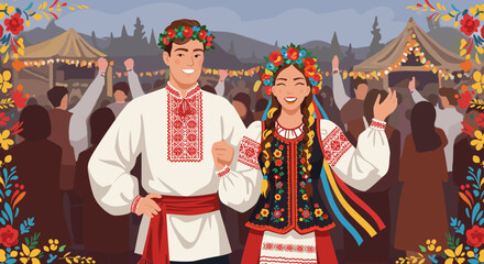 Smiling caucasian male and female in traditional ukrainian attire at festive gathering. Vector illustration