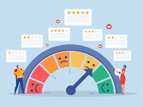 businessman review employee performance with gauge and star.Performance review, employee rating assessment,quality scale feedback vector
