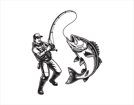 fisherman reeling in fish, black and white clip art preview