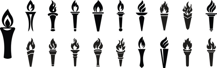 Flame or fire torch icons set in flat vector styles. Burning flame group, heat symbol collection, Olympic torch, medieval light, festival fire, camping flare and survival torch illustrations.