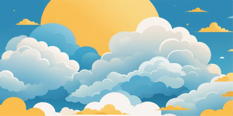 Fototapeta premium A vibrant vector illustration captures a sunny summer day with bright clouds and a radiant sun in a blue sky