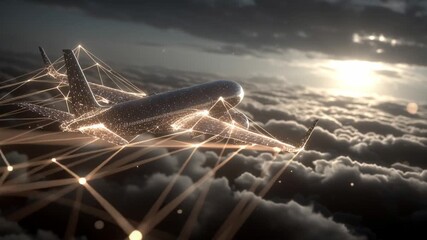 Airborne Connectivity: A futuristic illustration depicts an airplane soaring through the clouds, interconnected by glowing lines symbolizing global networks. This digital artwork. - Powered by Adobe