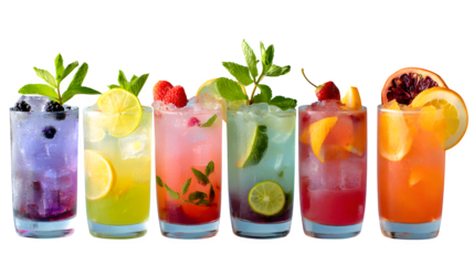 Collection of colorful mocktails and cocktails in various glass shapes, decorated with fruit garnishes, standing side by side, clean background --ar 16:9 --raw