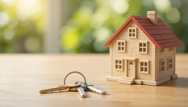 close-up of tiny house model with keys on table, symbolizing real estate transactions, home loans, and property investment