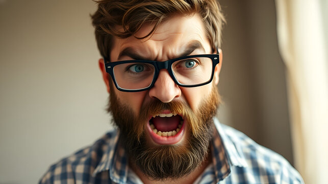 A bearded, shouting and angry looking man with black glasses